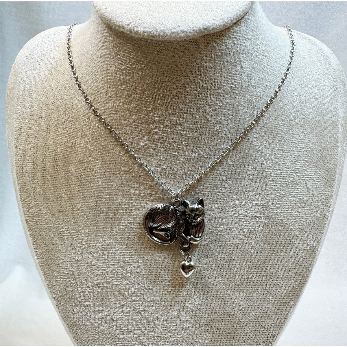 Silver Cat Necklace with Heart Charm Pendant 18-20" Chain Cute Cat N371