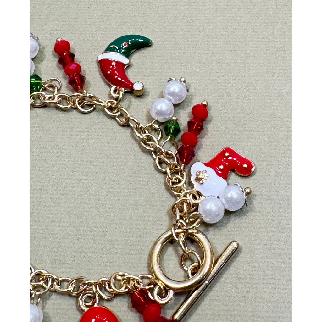 Christmas Charm Bracelet Gold Tone Santa Snowflake Tree Hat 7.5" B002