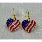 Americana USA Heart Flag Dangle Earrings Patriotic Red White Blue E235