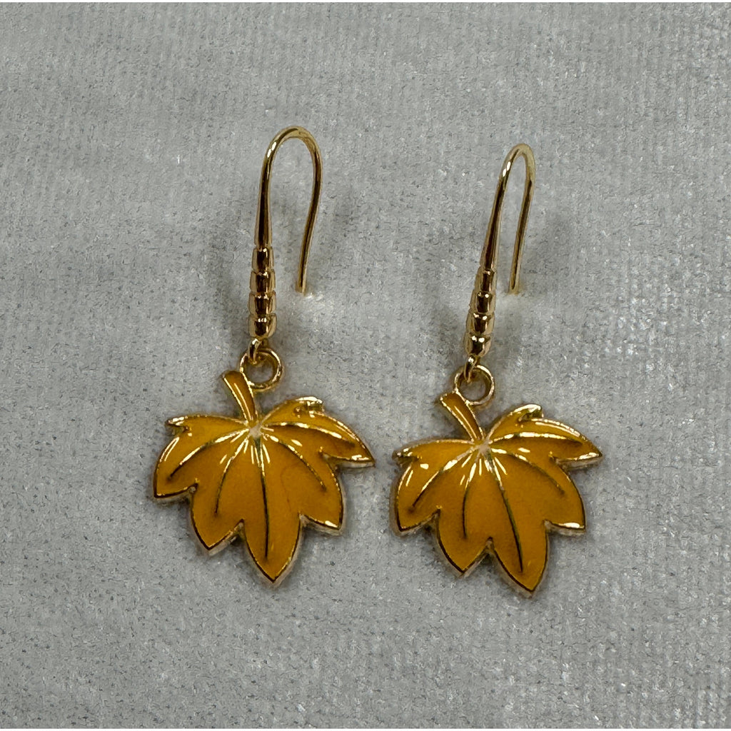 Yellow Maple Leaf Dangle Earrings Fall Autumn Nature Jewelry E284