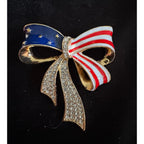 Americana Rhinestone Bow Brooch Pin Red White Blue Patriotic 2.25” USA 250 CP157