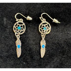 Silver Dreamcatcher Feather Dangle Earrings Turquoise Accent Boho E511