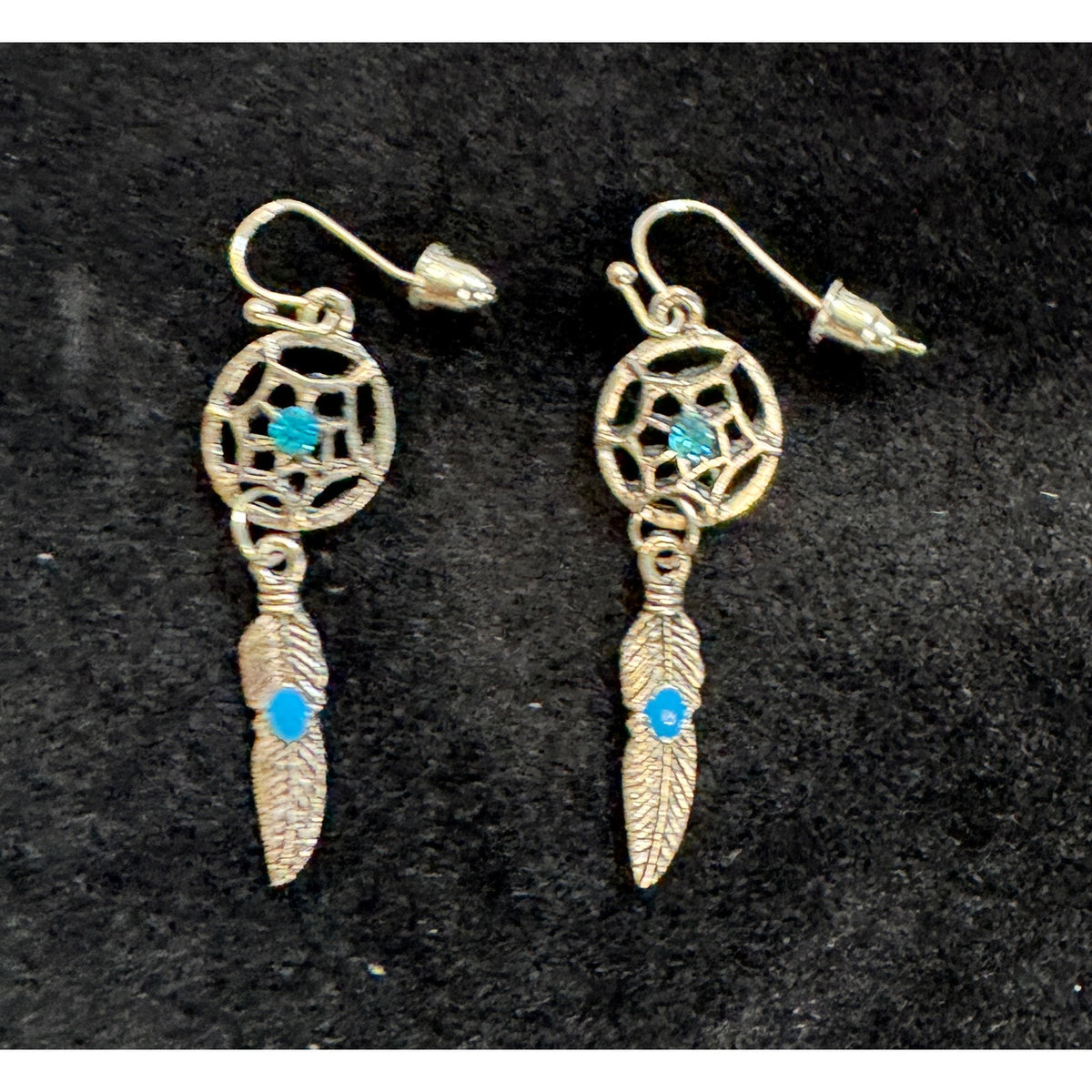 Silver Dreamcatcher Feather Dangle Earrings Turquoise Accent Boho E511