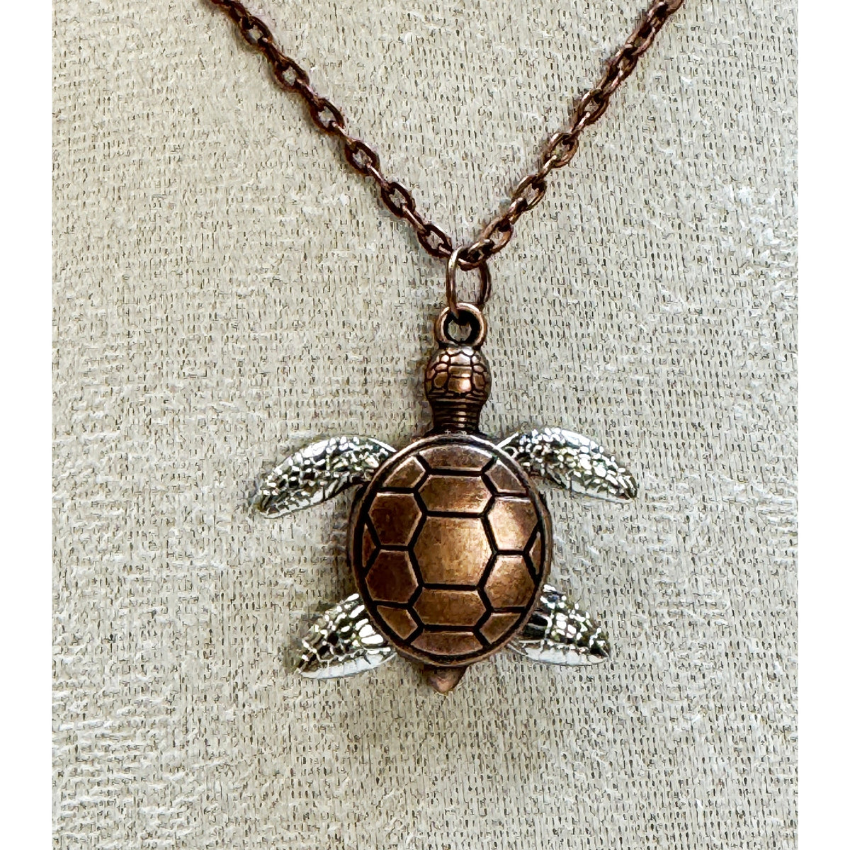 Sea Turtle Necklace Turtle Pendant 22" Chain Silver & Copper Tone  New N467