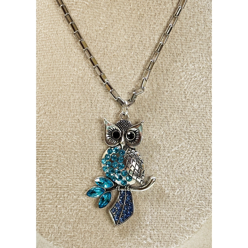 Blue Rhinestone Owl Pendant Necklace Silver Tone 22" Chain N468