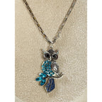 Blue Rhinestone Owl Pendant Necklace Silver Tone 22" Chain N468