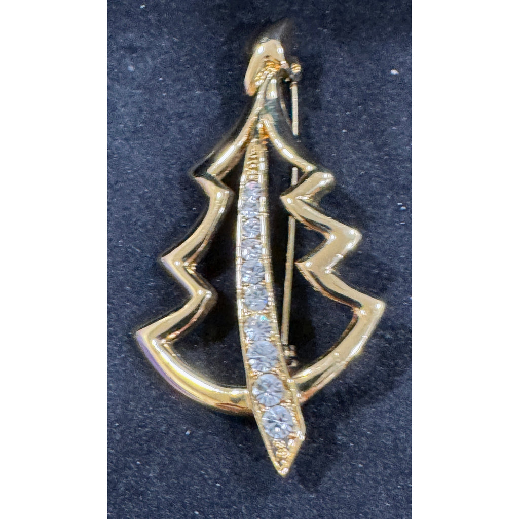 Vintage Gold Tone Rhinestone Christmas Tree Brooch Pin 1.25x2.25 Inches  CP64