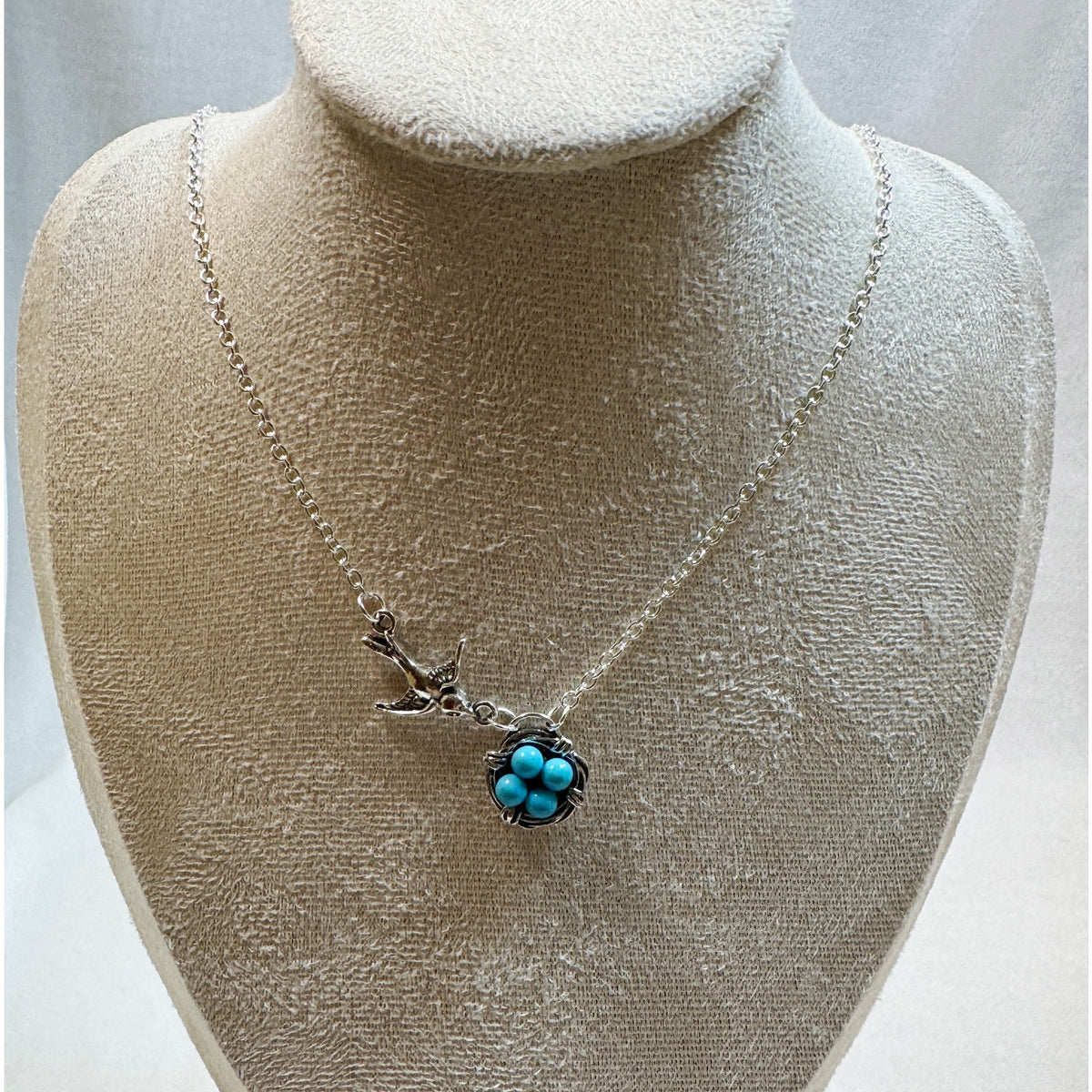Bird Nest Necklace Turquoise Blue Eggs Silver Tone Swallow 18-20 Inch Chain N374