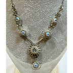 Vintage AB Rhinestone Necklace & Earrings Set Silver Filigree 16"  Bridal N356