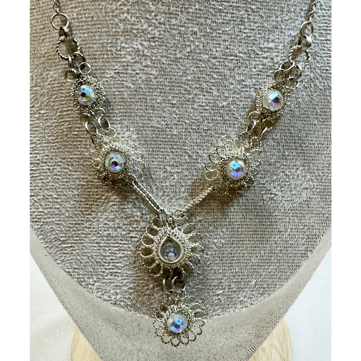 Vintage AB Rhinestone Necklace & Earrings Set Silver Filigree 16"  Bridal N356