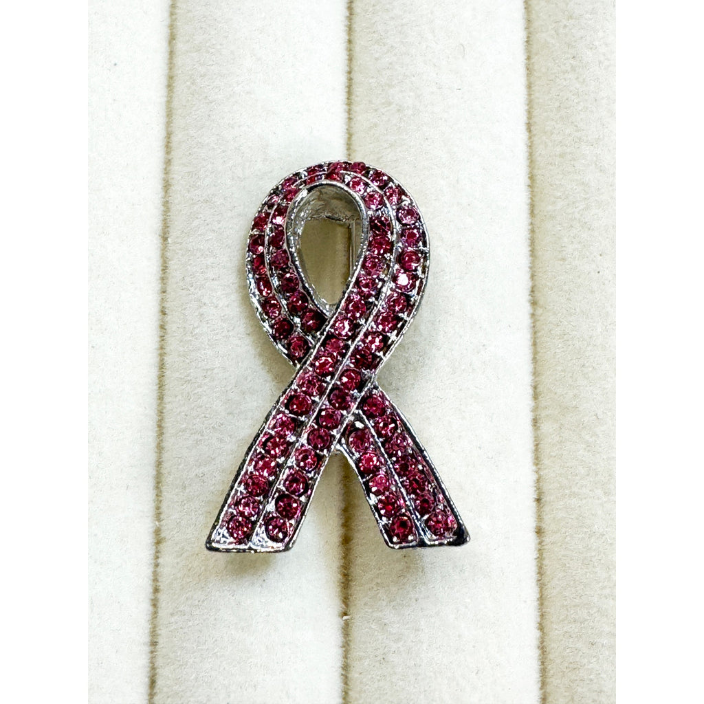 Pink Rhinestone Breast Cancer Awareness Ribbon Brooch Pin Silver 1.25"  CP 187