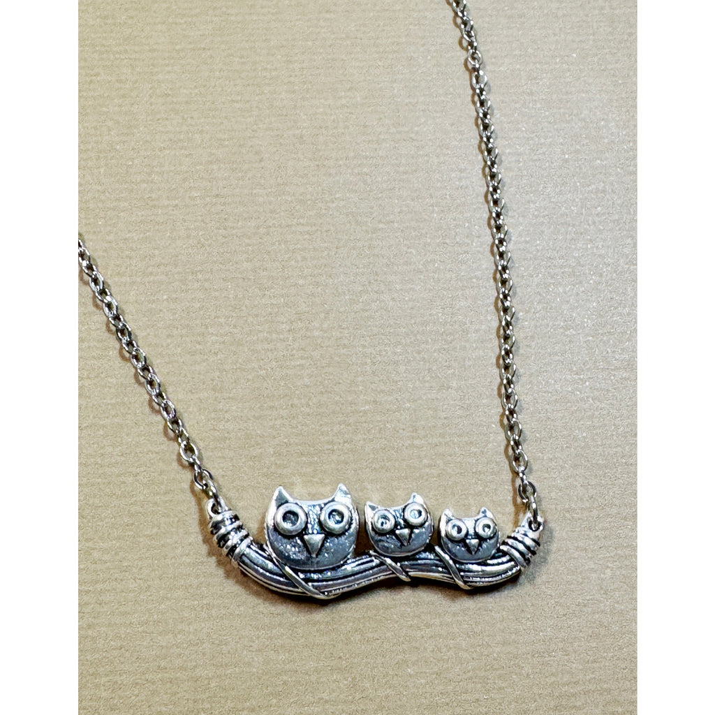 Silvertone Owl Family Necklace on Branch Bird Jewelry 1.25" Wide  N306