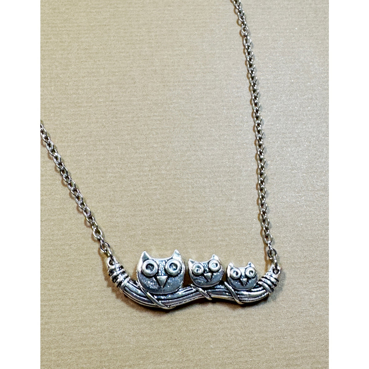 Silvertone Owl Family Necklace on Branch Bird Jewelry 1.25" Wide  N306