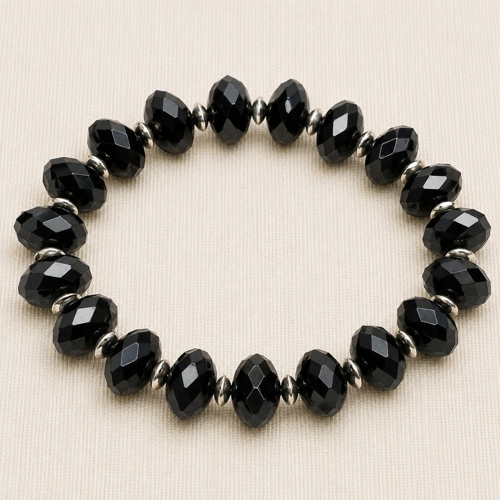 Black Faceted Bead Stretch Bracelet Silver Tone Spacers Elegant Jewelry B171