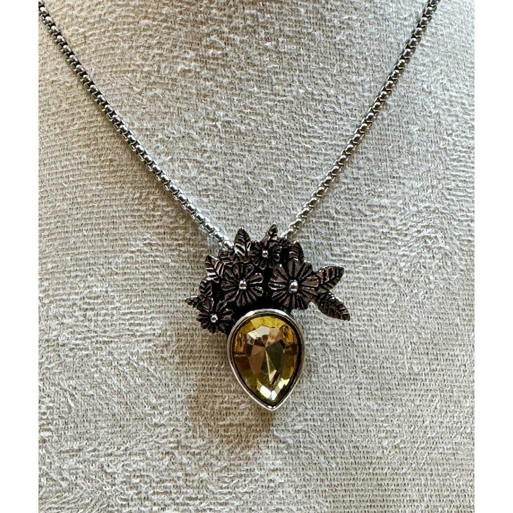 Silver Floral Crystal Necklace 22" Teardrop Pendant Vintage Style Statement N373