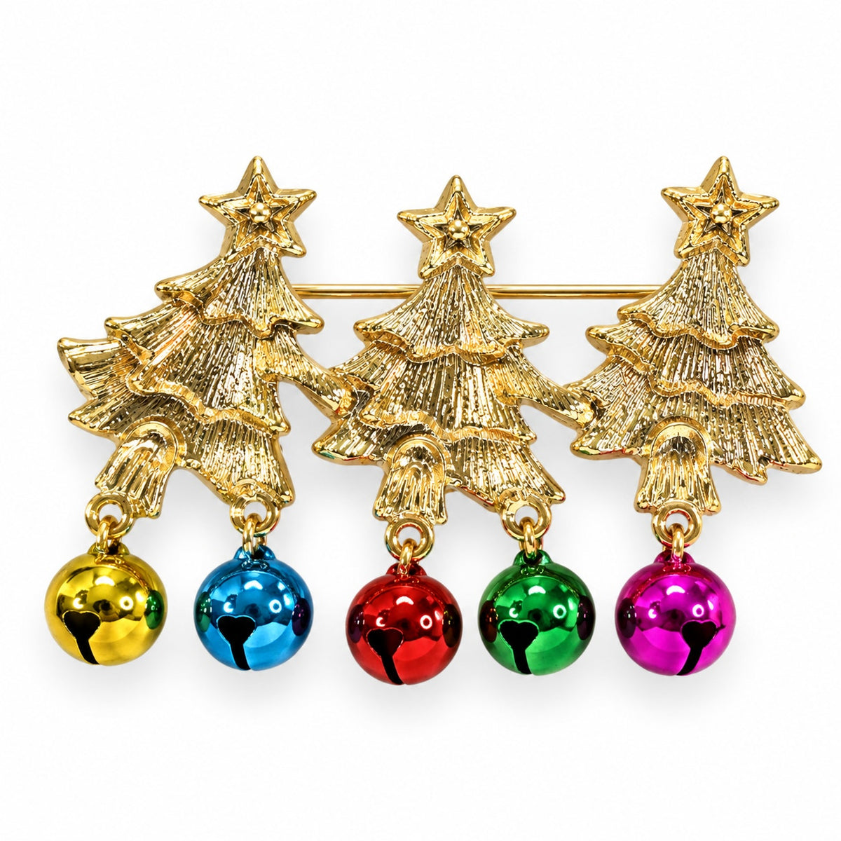 Christmas Tree Brooch Pin Gold Rhinestone Jingle Bells Holiday Jewelry  CP164