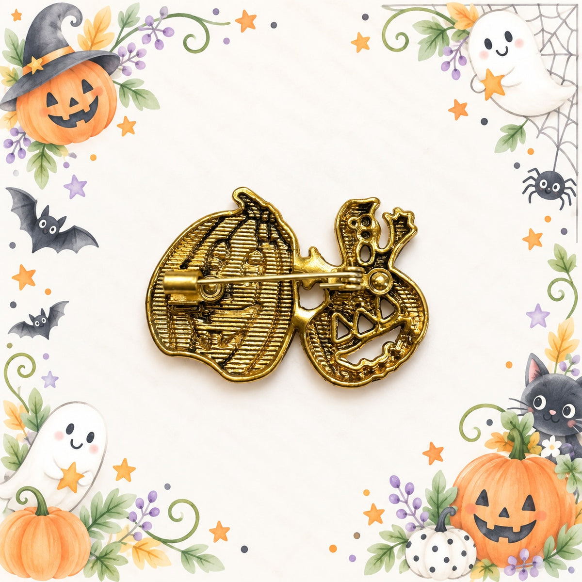 Halloween Pumpkin Ghost Brooch Orange Enamel Gold Tone Jack O Lantern Pin CP224