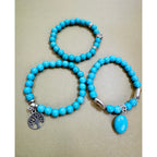 Set of 3 Turquoise Beaded Stretch Bracelets Tree of Life Owl Charm Boho  B105