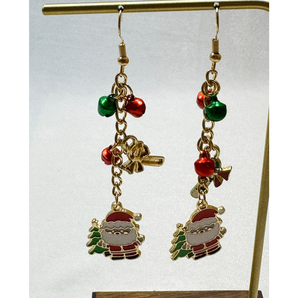 Christmas Santa Charm Dangle Earrings Gold Tone Jingle Bells Holiday 3 Inch E385