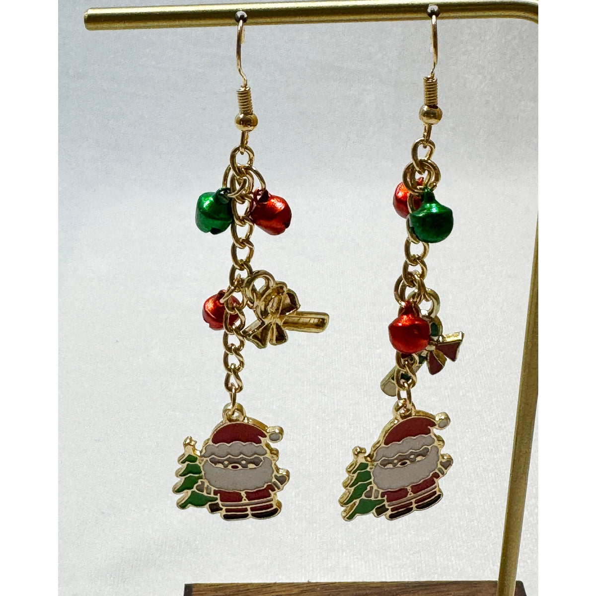 Christmas Santa Charm Dangle Earrings Gold Tone Jingle Bells Holiday 3 Inch E385