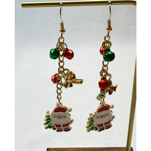 Christmas Santa Charm Dangle Earrings Gold Tone Jingle Bells Holiday 3 Inch E385
