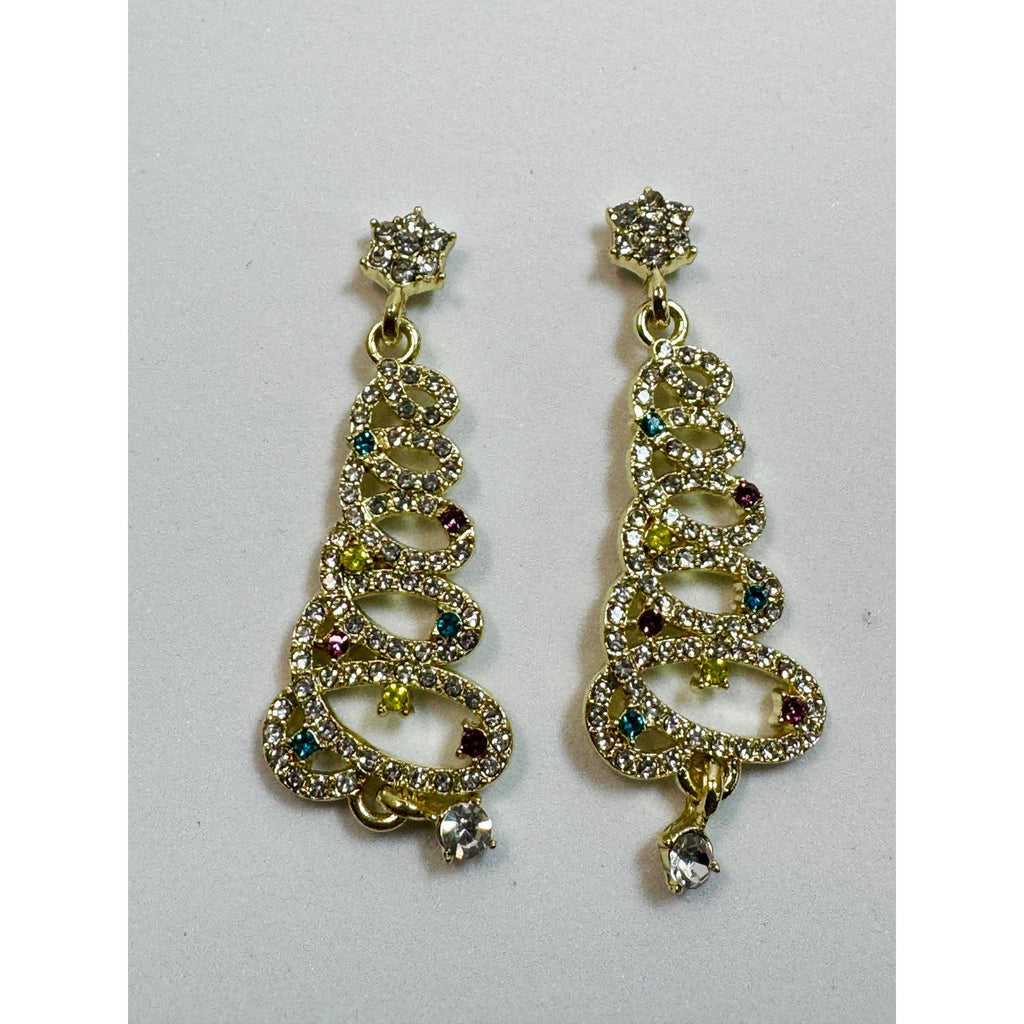 Gold Tone Rhinestone Christmas Tree Earrings Colorful Crystal Holiday Posts E311