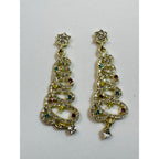 Gold Tone Rhinestone Christmas Tree Earrings Colorful Crystal Holiday Posts E311