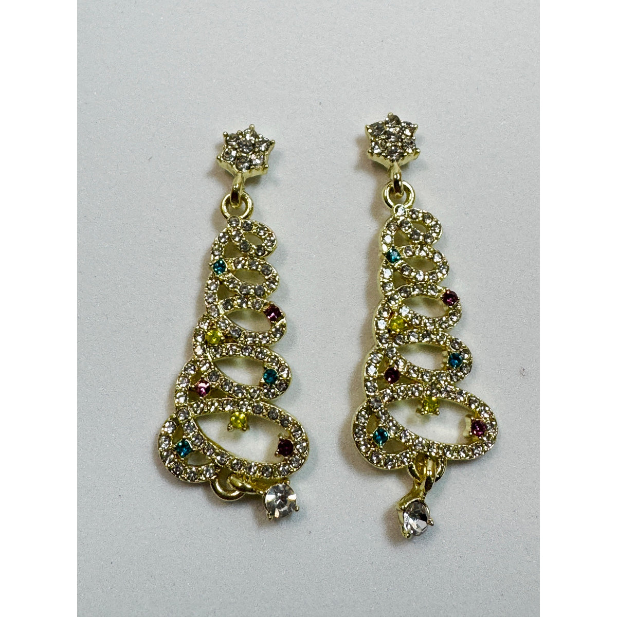 Gold Tone Rhinestone Christmas Tree Earrings Colorful Crystal Holiday Posts E311