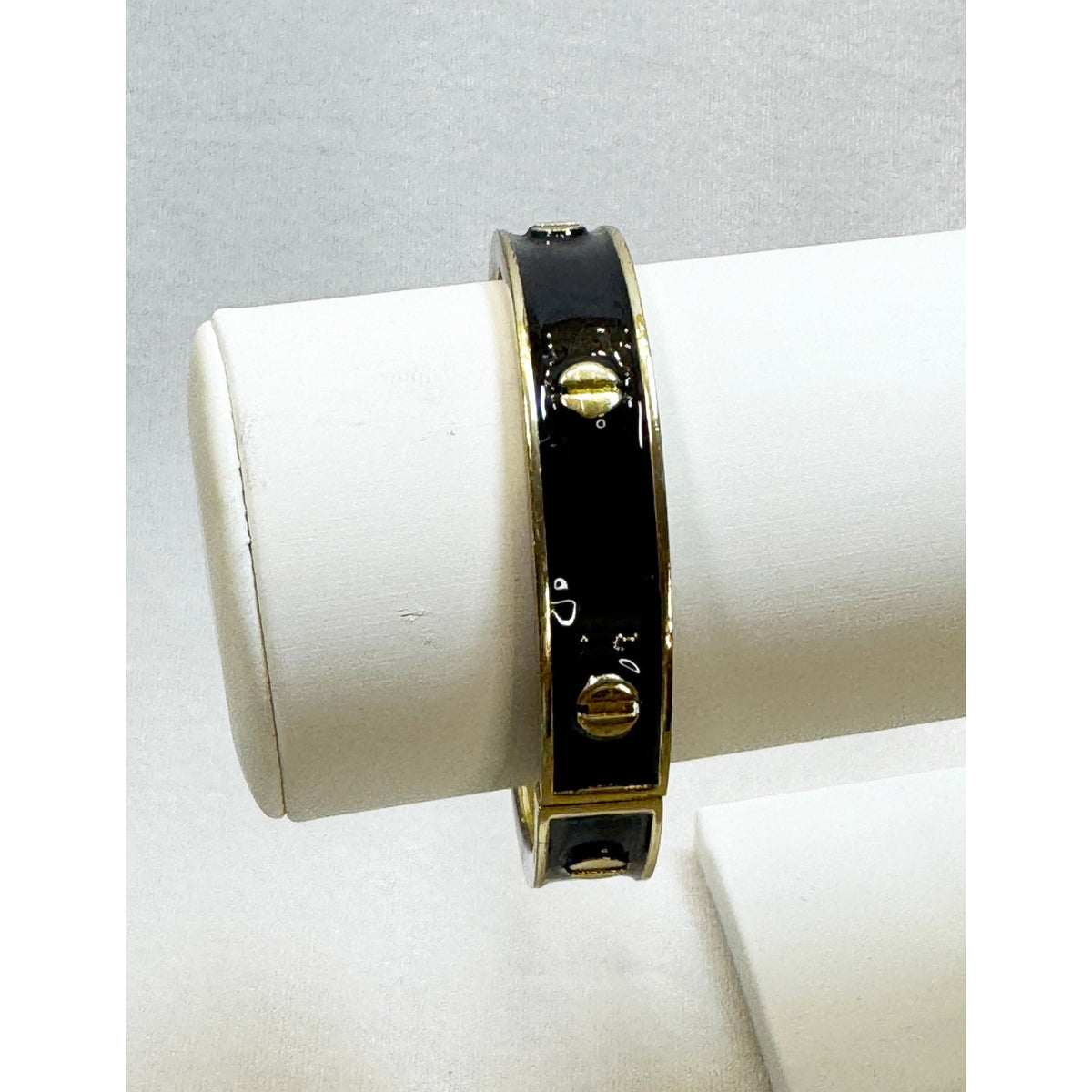 Vintage Black Enamel Hinged Bangle Bracelet Gold Tone Studded 1/2" Wide  B083