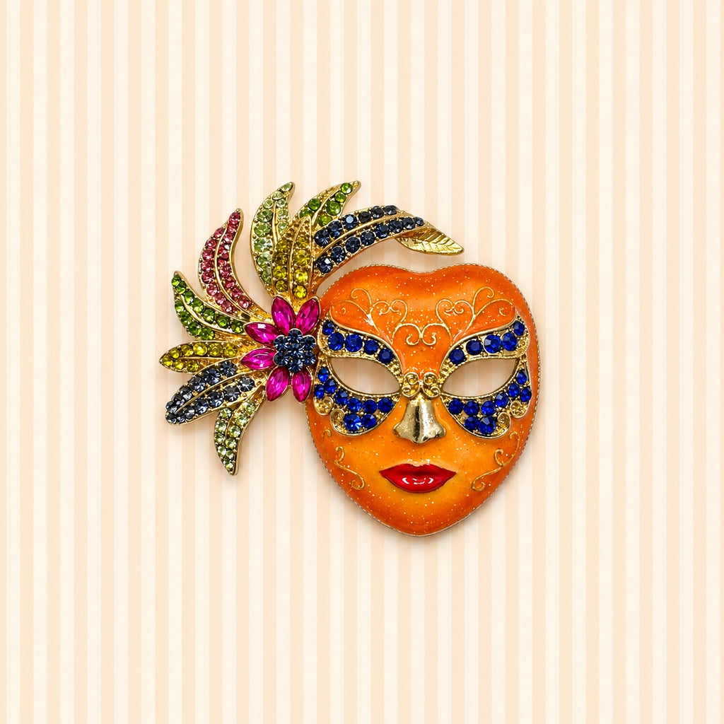 Mardi Gras Mask Brooch Rhinestone Enamel Gold Tone Masquerade Carnival Pin CP207