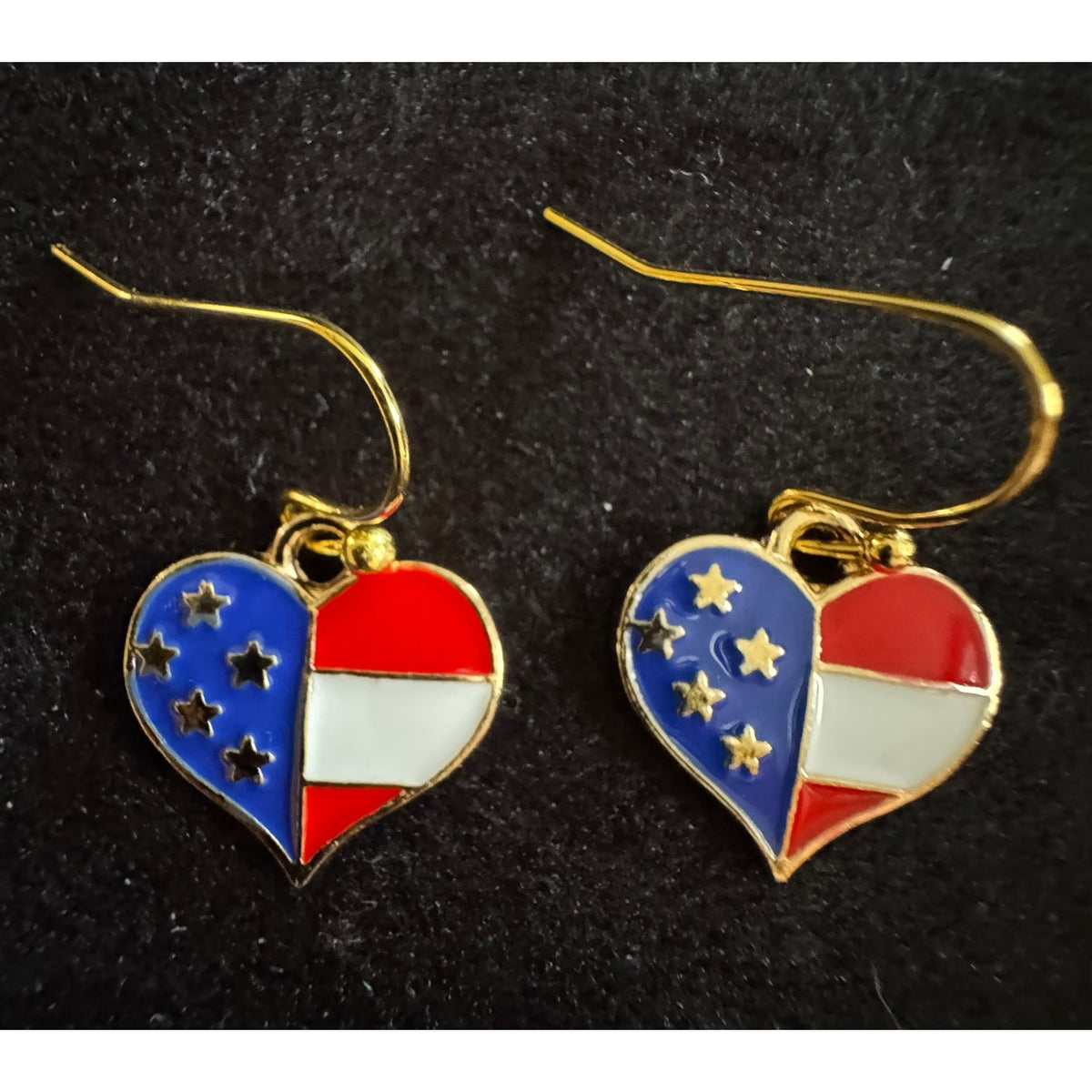 Americana USA Heart Flag Dangle Earrings Patriotic Red White Blue E233