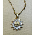 Gold Tone Sunflower Necklace with Clear Rhinestone Pendant 16-18" Chain New N305