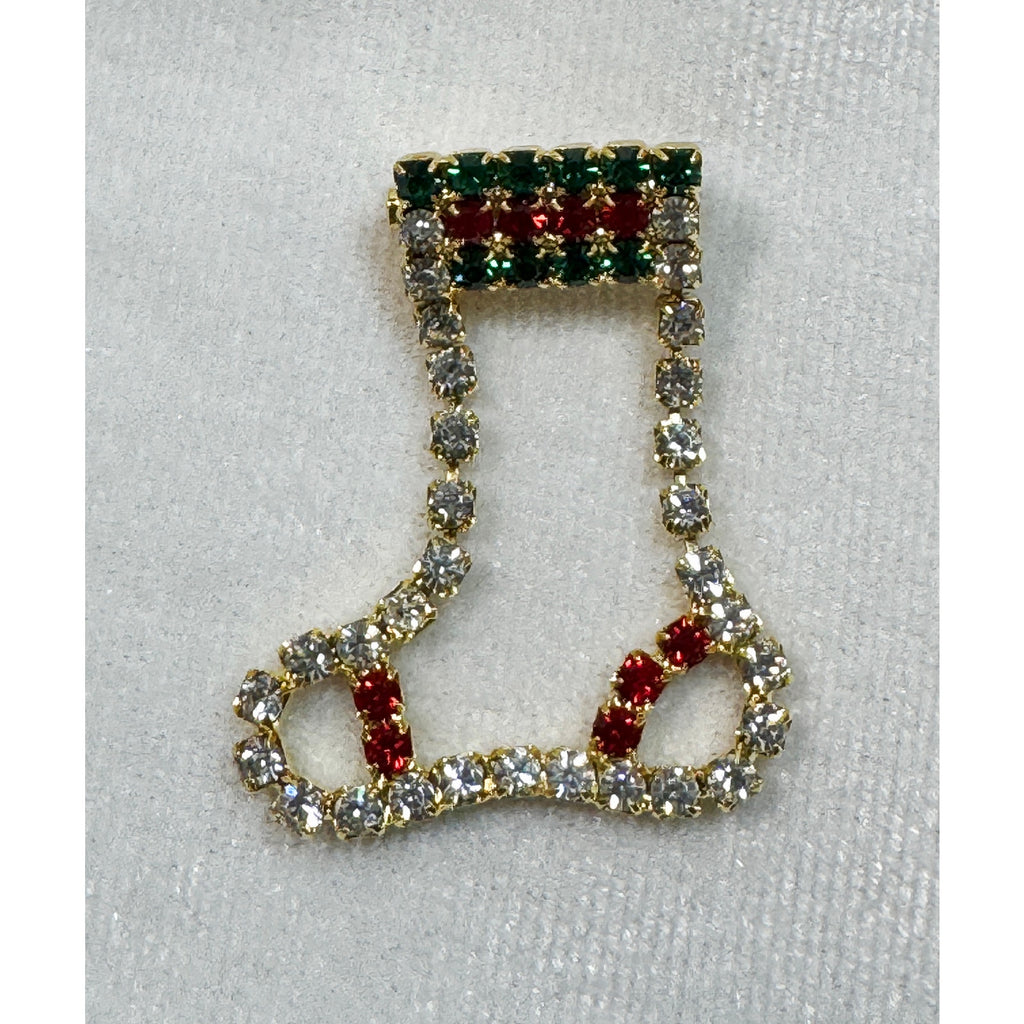 Vintage Rhinestone Christmas Stocking Brooch Pin Red Green Clear Holiday CP188