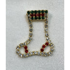 Vintage Rhinestone Christmas Stocking Brooch Pin Red Green Clear Holiday CP188