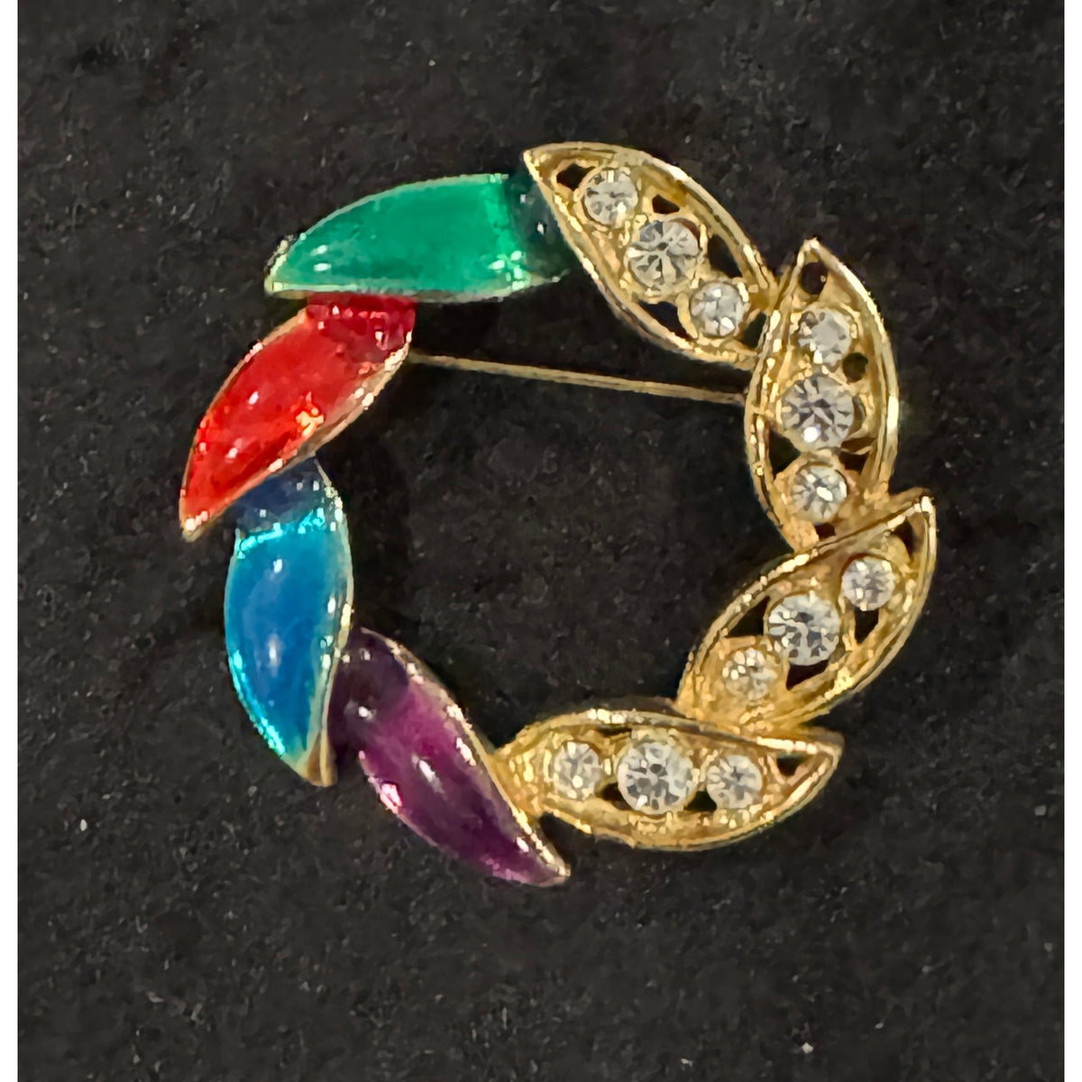 Vintage Multicolor Enamel & Rhinestone Wreath Pin Gold Tone 1.25” Brooch CP132