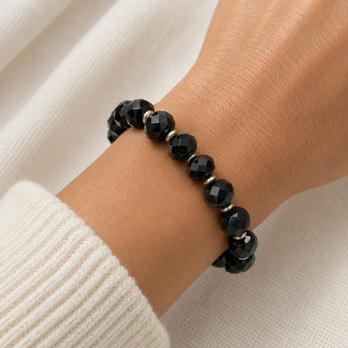 Black Faceted Bead Stretch Bracelet Silver Tone Spacers Elegant Jewelry B171