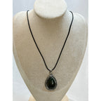 Black Teardrop Stone Pendant Necklace Silver Tone Black Cord Boho New  N383