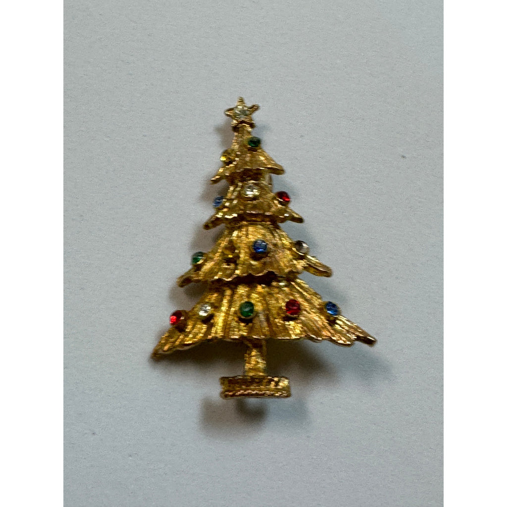 Vintage Gold Tone Rhinestone Christmas Tree Brooch Pin Holiday Jewelry 2" CP163