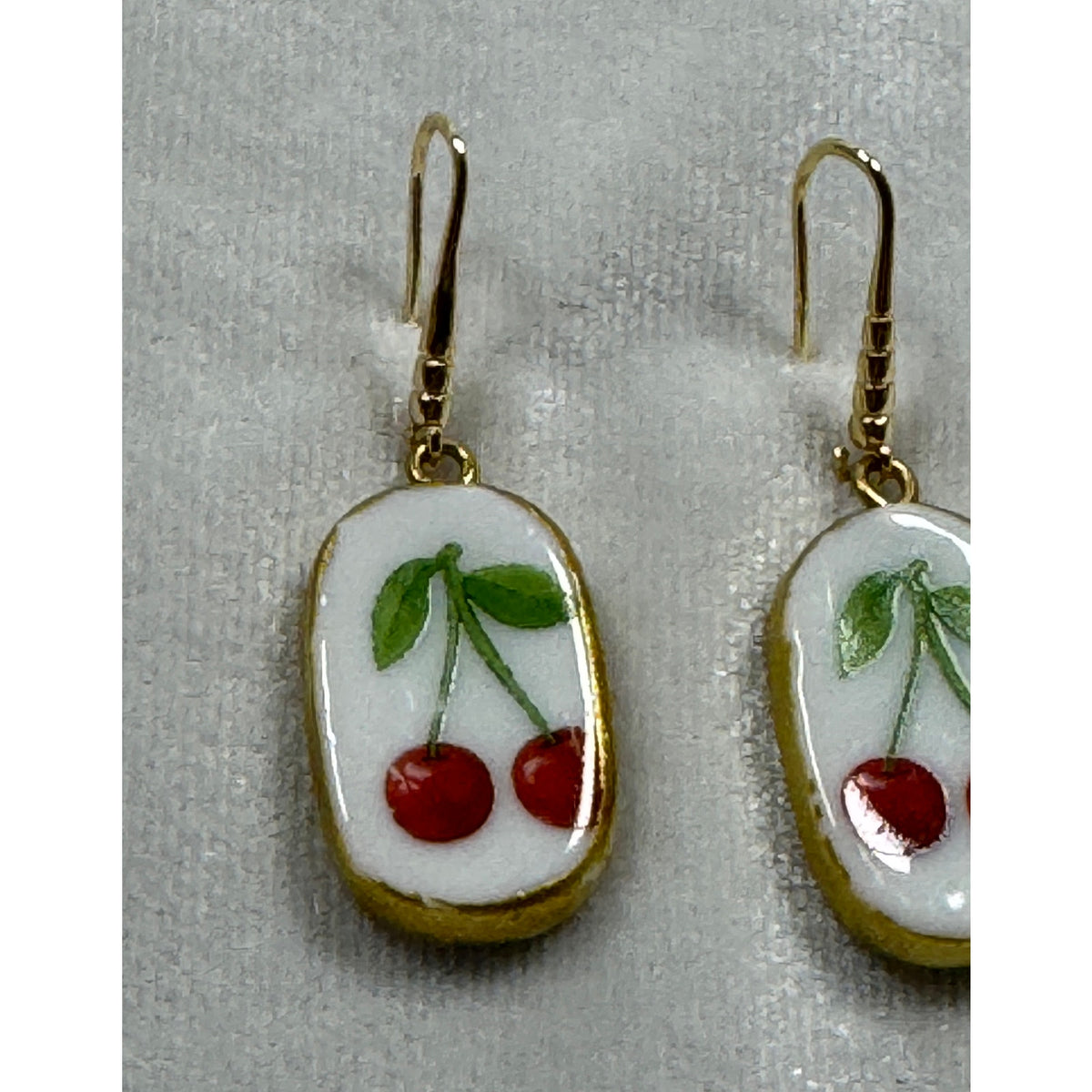 Cherry Ceramic Dangle Earrings Gold Tone Fruit Earrings Cute Cottagecore E278