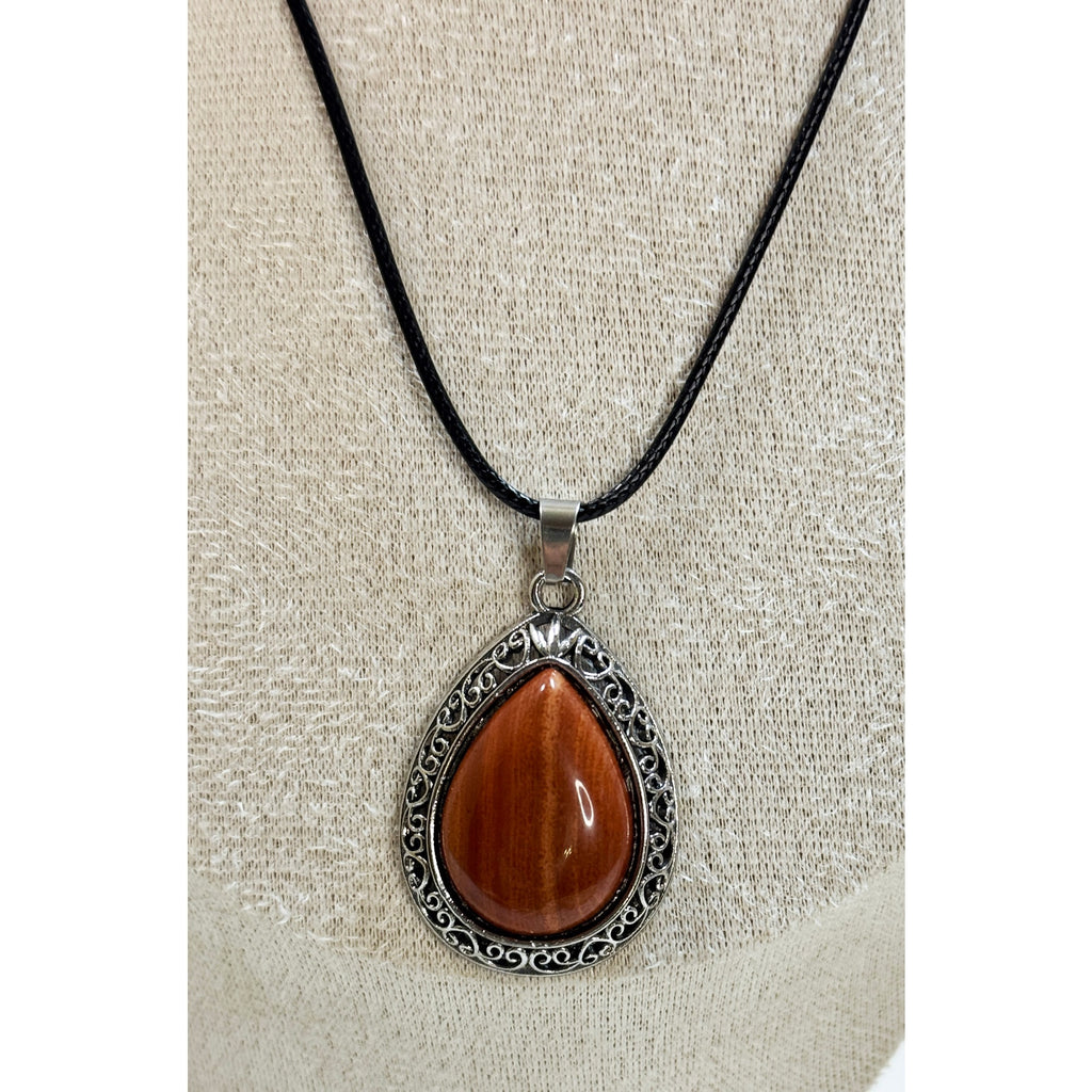 Red Teardrop Stone Pendant Necklace Silver Tone Black Cord Boho New  N384