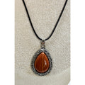 Red Teardrop Stone Pendant Necklace Silver Tone Black Cord Boho New  N384