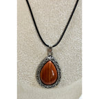 Red Teardrop Stone Pendant Necklace Silver Tone Black Cord Boho New  N384