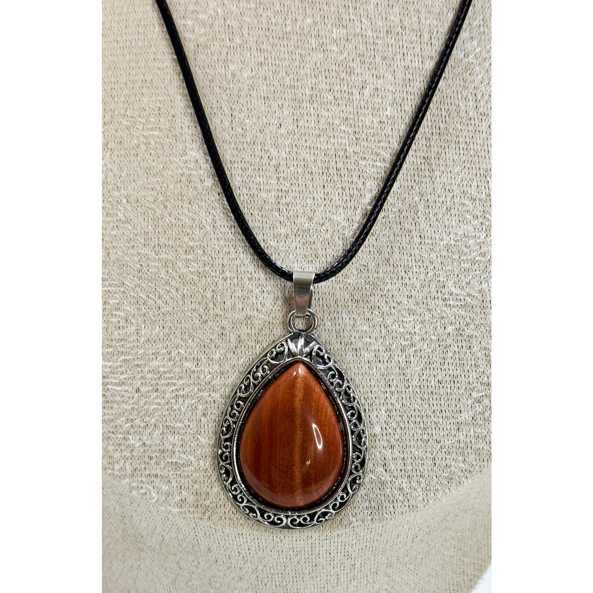 Red Teardrop Stone Pendant Necklace Silver Tone Black Cord Boho New  N384
