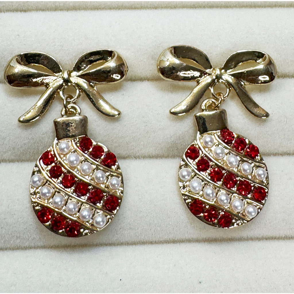 Christmas Ornament Bow Earrings Gold Tone Red Rhinestone Faux Pearl Posts 1.5"