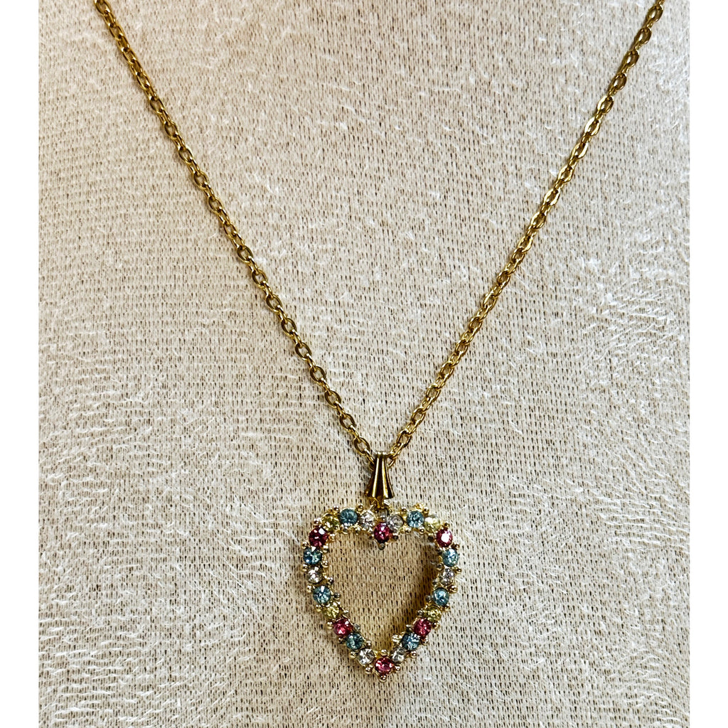 Vintage Open Heart Rhinestone Necklace Pink Blue Crystal Pendant Gold N477