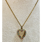 Vintage Open Heart Rhinestone Necklace Pink Blue Crystal Pendant Gold N477