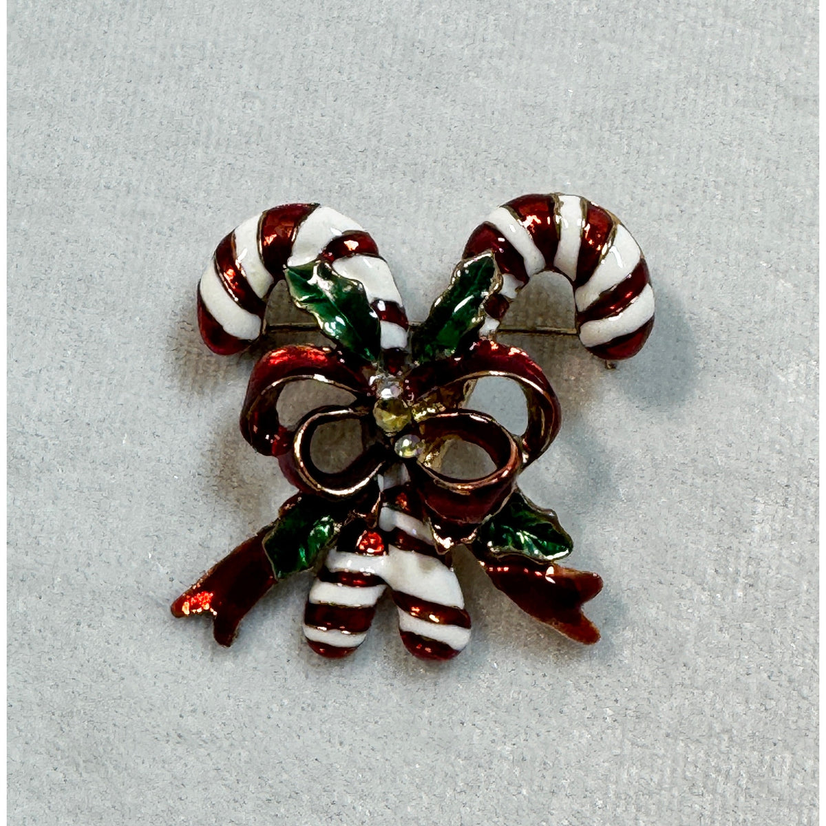 Vintage Enamel Candy Cane Brooch Pin Rhinestones Christmas Holiday 1.5" CP162