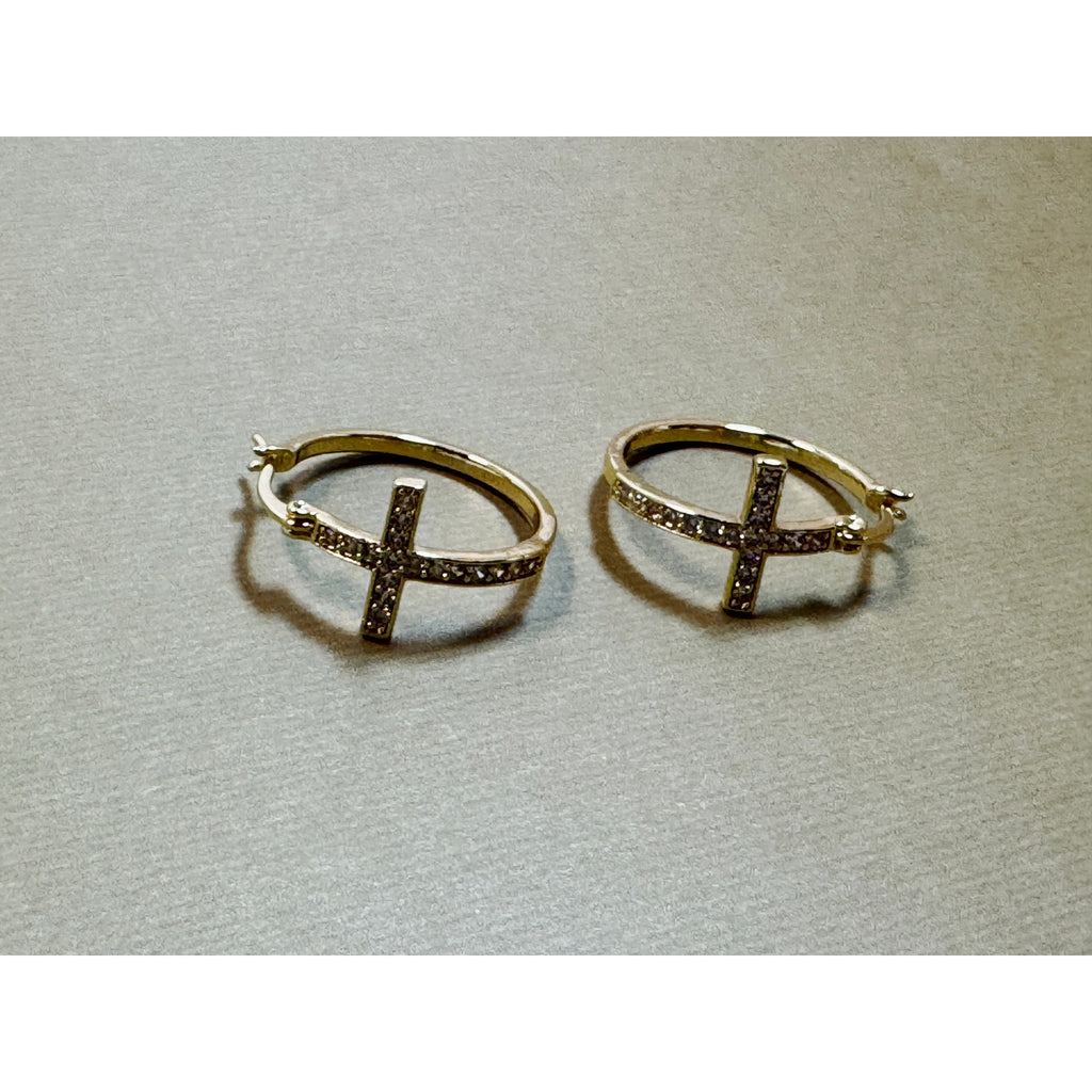 Rhinestone Cross Hoop Earrings Silver Tone Christian Faith 3/4" New E300