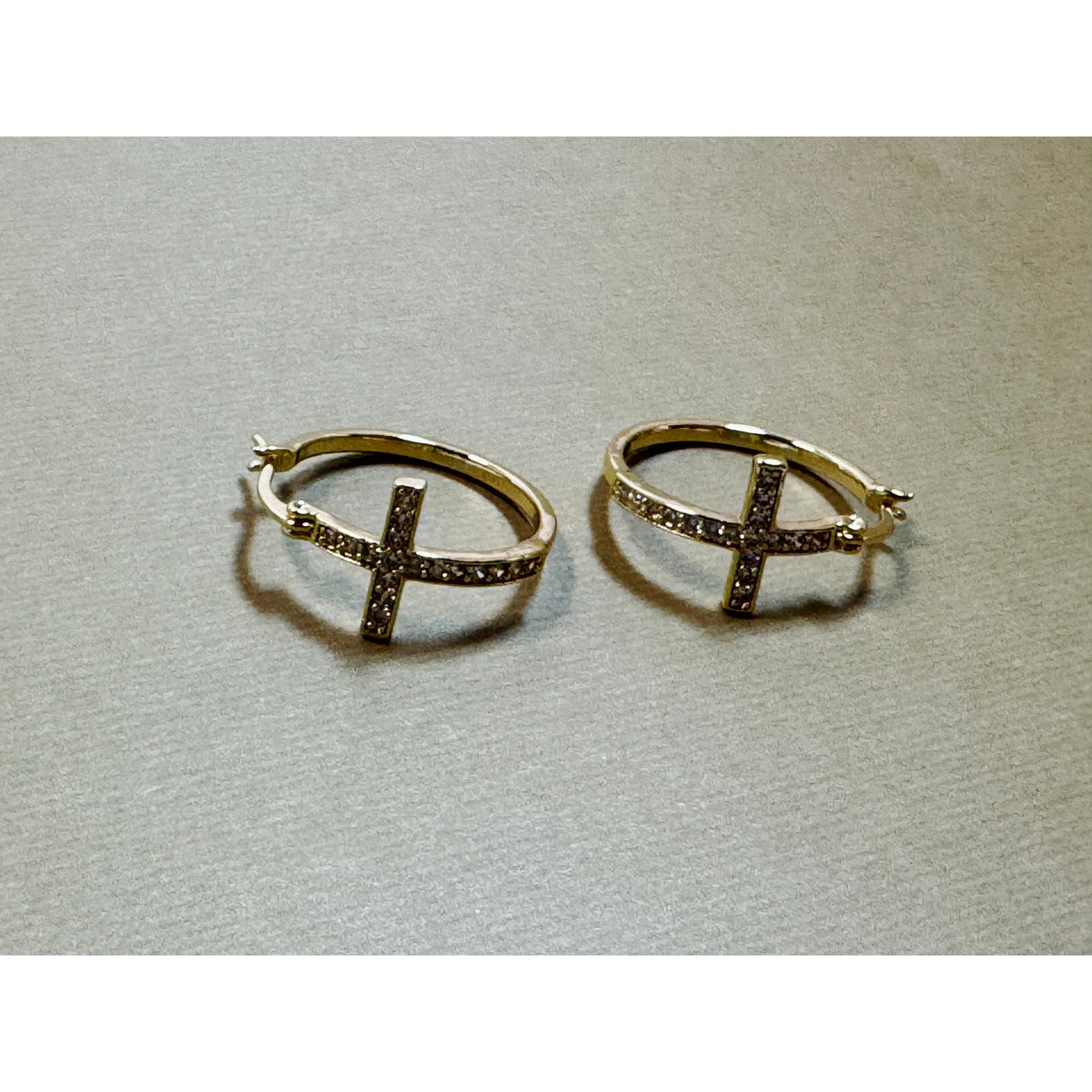Rhinestone Cross Hoop Earrings Silver Tone Christian Faith 3/4" New E300