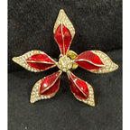 Vintage Red Enamel & Rhinestone Flower Brooch – 2″ Gold-Tone Pin  CP105